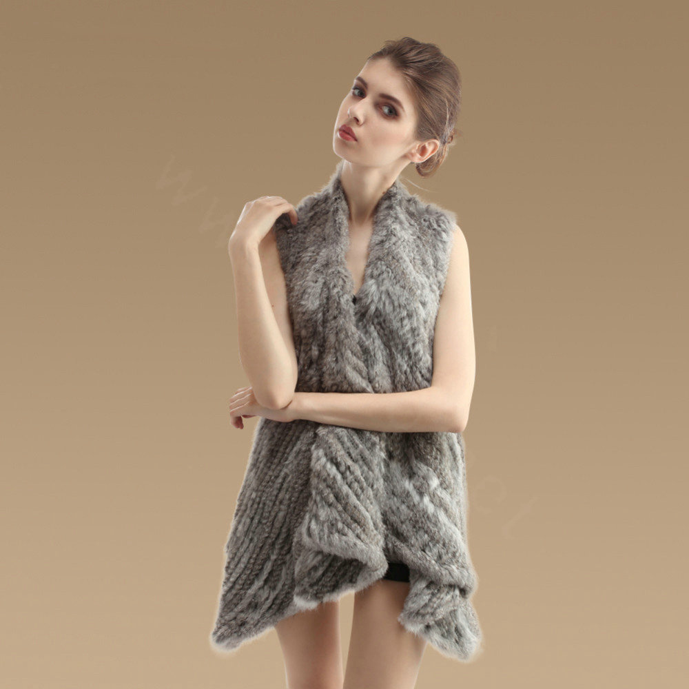 Hot sales Luxury Irregular Knitted Natural Rabbit Fur Vests Cape Women Fur Waistcoat - Natural Grey